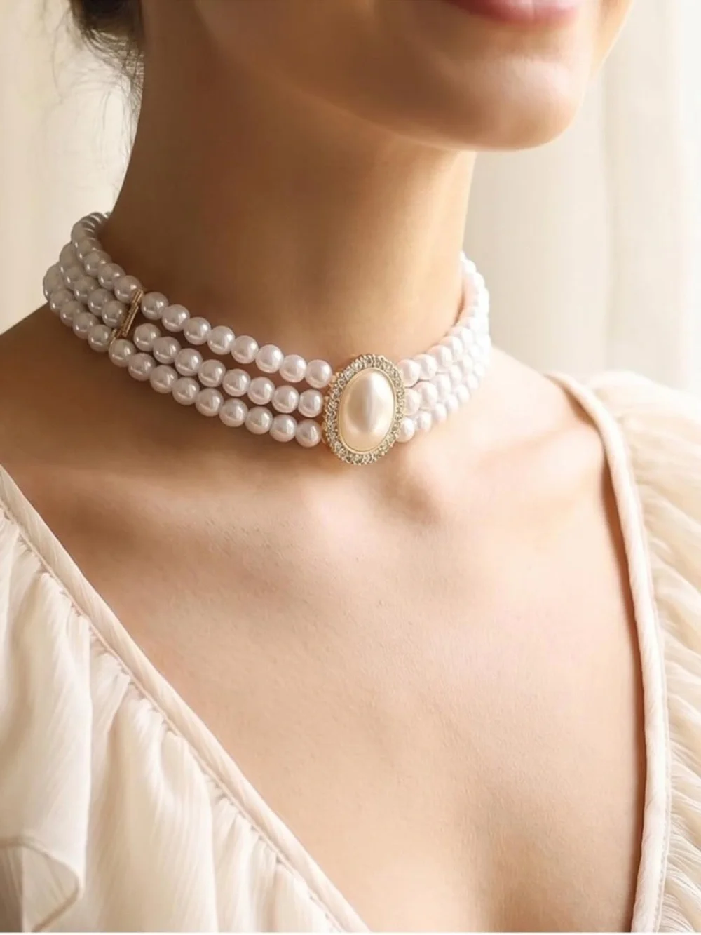 Classic White Multi-Strand Pearl Choker with Central Pearl Pendant